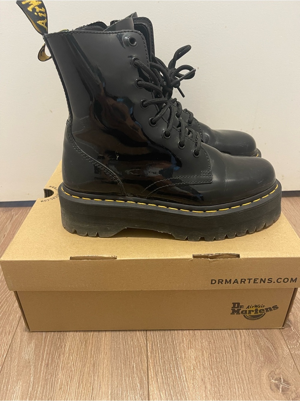 Dr. Martens Black Patent Platform Lace-Up Boots with Yellow Welt - Picture 1 of 4